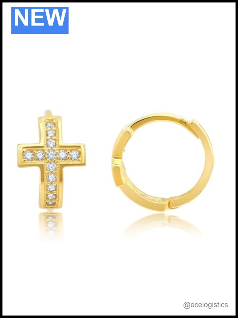 10k Yellow Gold Hoop Earrings Cubic Zirconia Cross Hinged Back